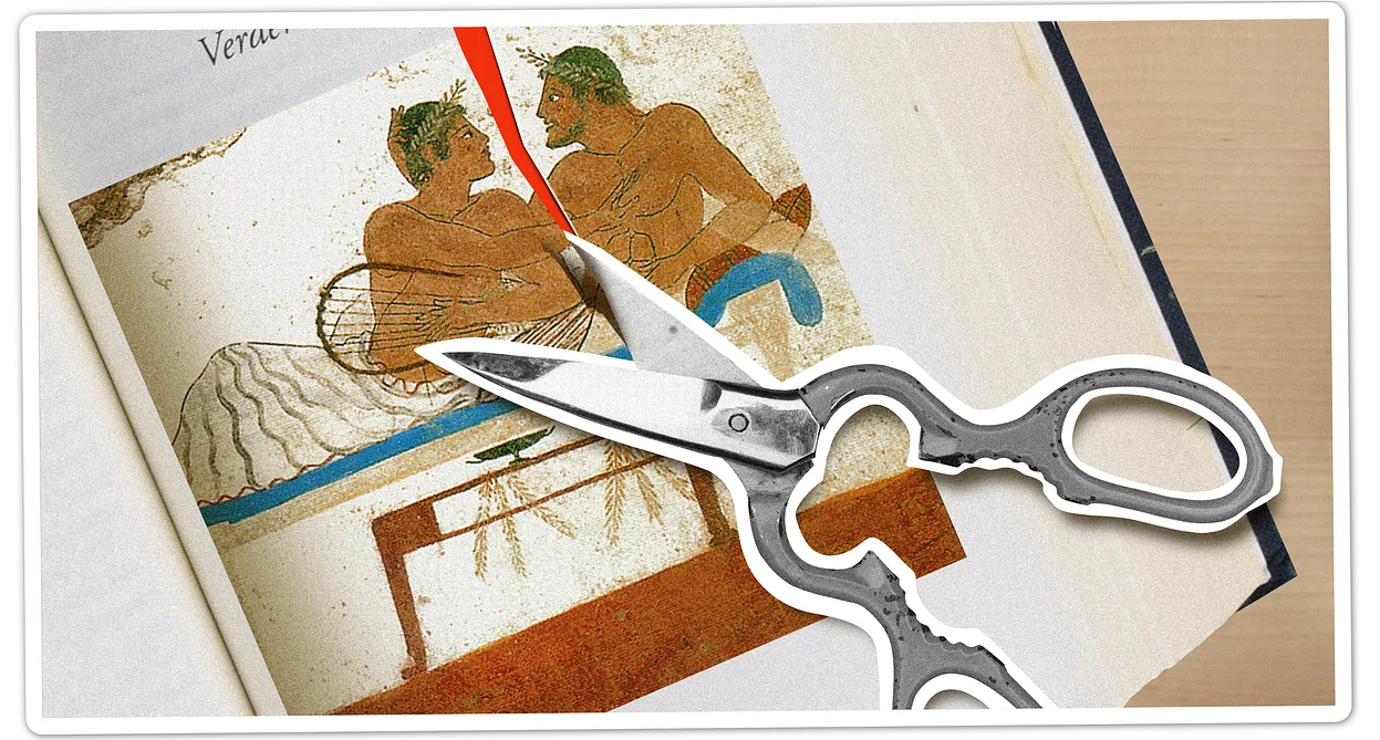 A collage of an ancient fresco depicting two men laying together, with scissors cutting them from each other