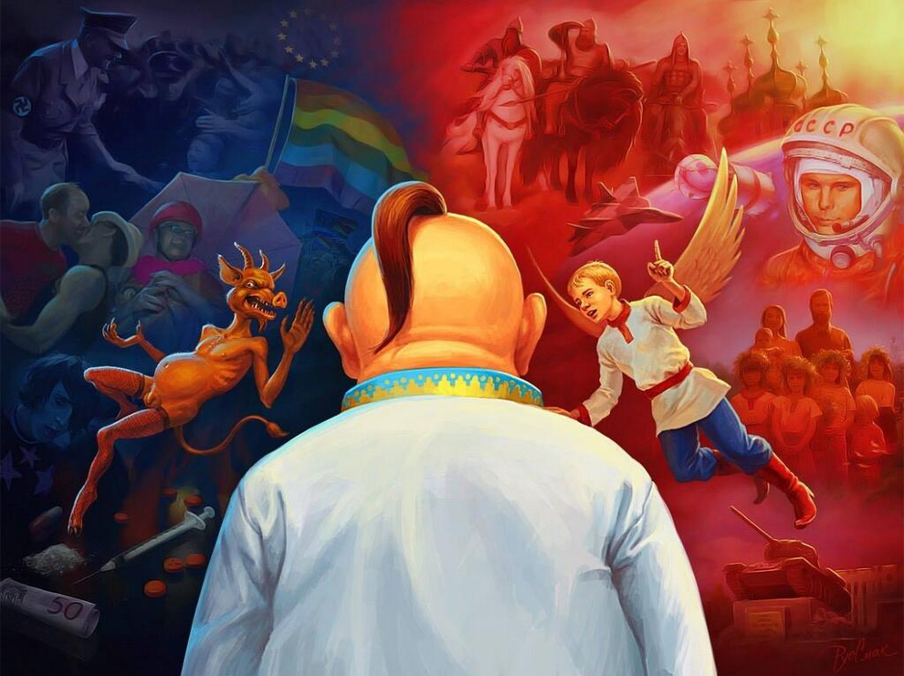 A man pictured from his back stands between symbols supposedly standing for the West, on the one side, and Russia on the other