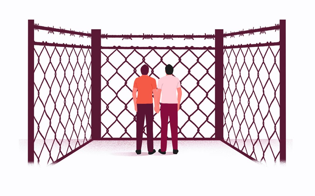 Illustration showing two male-presenting persons holding their hands, encircled by a fence