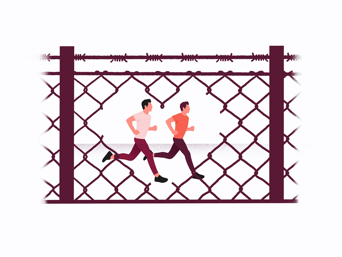 Illustration showing two male-presenting persons running side by side behind a heart-shaped hole in a fence